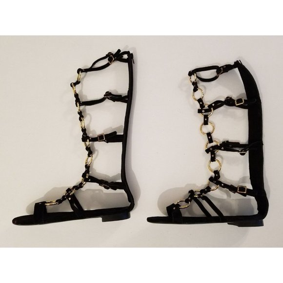 Free People Road Trip Tall Gladiator Sandals Luxe Black Suede Gold Links Size 37 - Picture 3 of 6